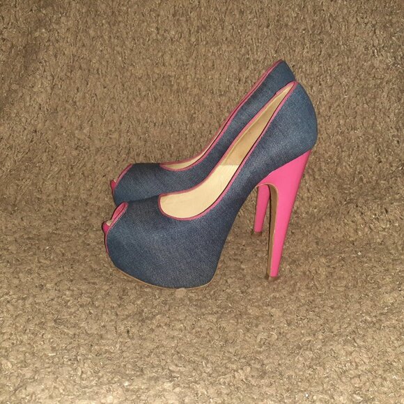 TACCETTI-Denim & Pink Patent-Peep Toe-Stiletto/Slim-Platform-Sz 37.5-Excellent - Picture 2 of 8